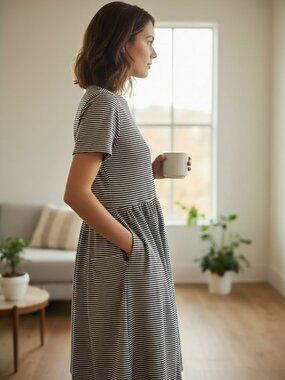 VTG Herman Geist Short Sleeve Button Back Striped Dress L‎ #294A